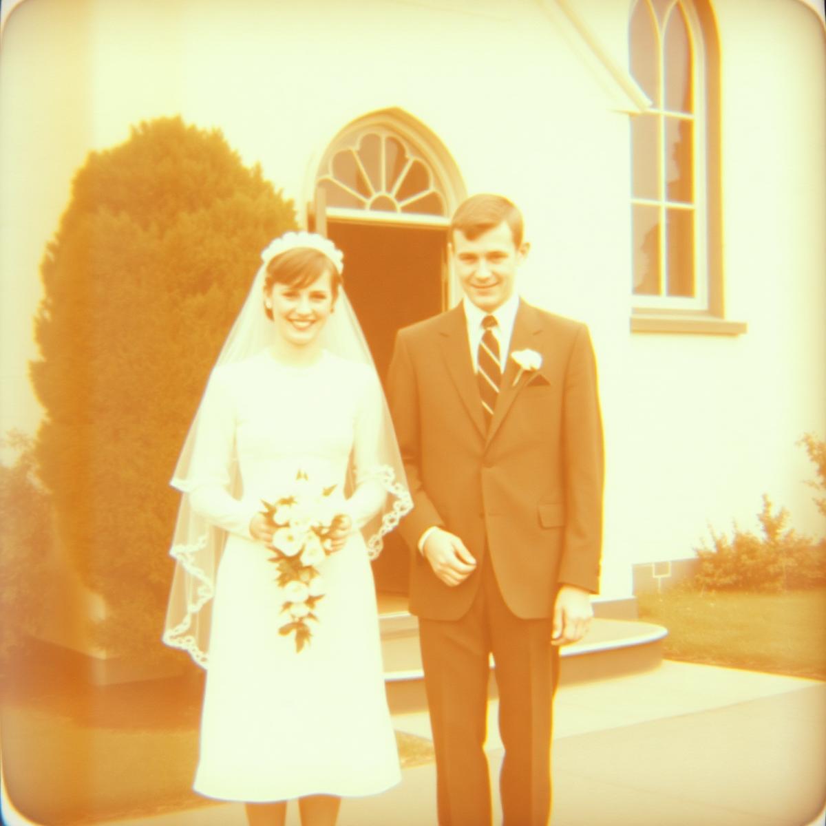 A young couple outside a small white church