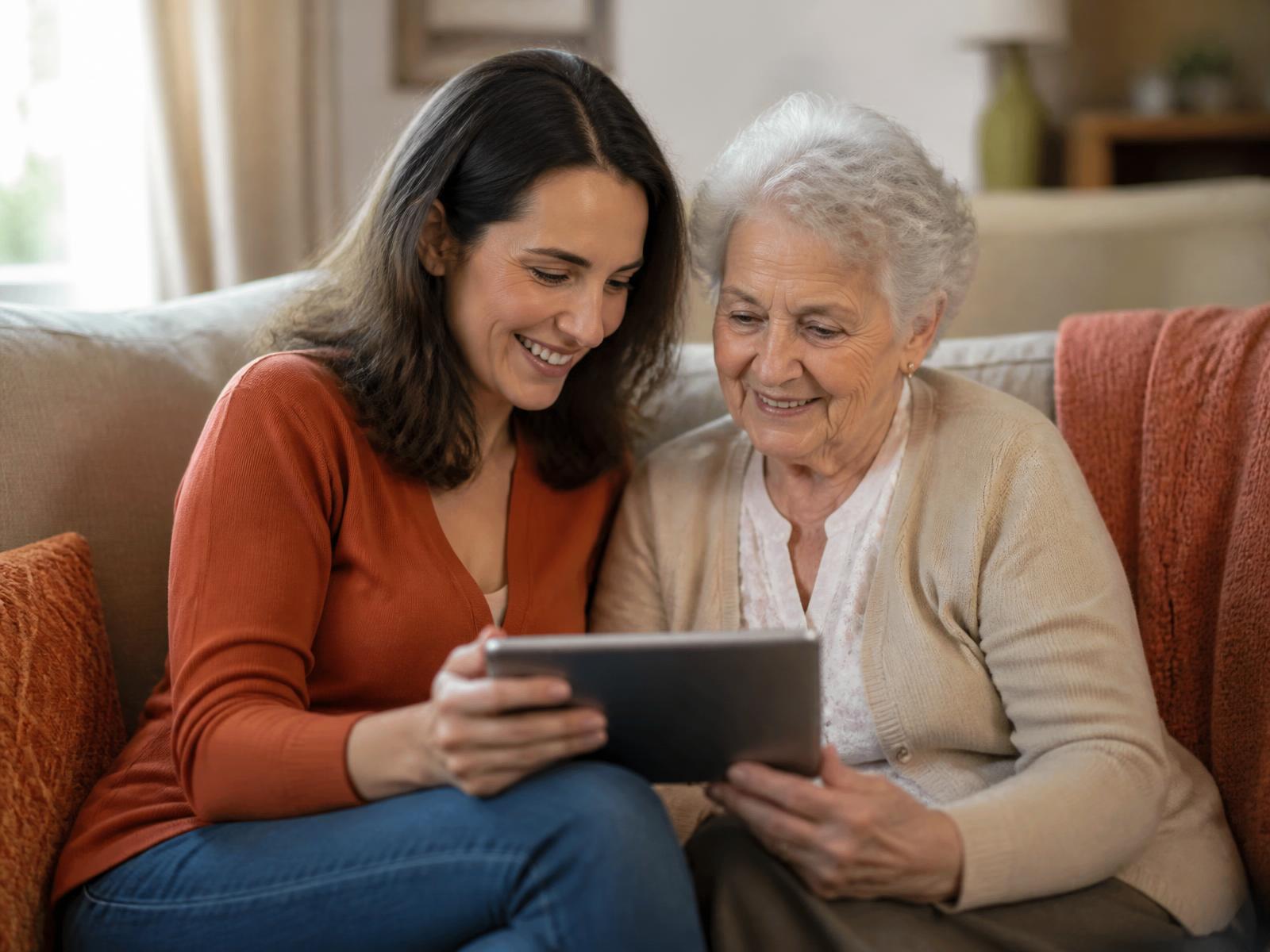 An adult daughter and her mother looking at a memory book together on a tablet